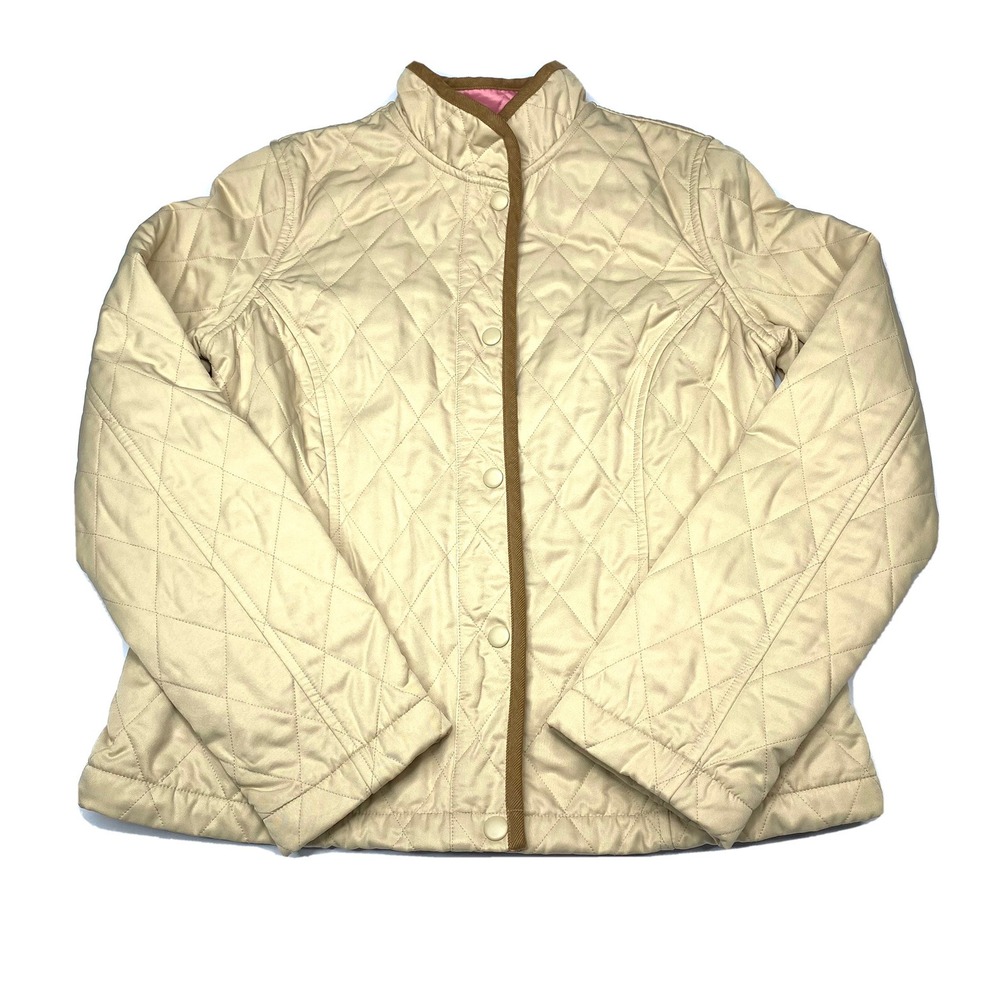 Women Beige Diamond Quilted Jacket Mock Neck Pink Lining Brown Trim Small